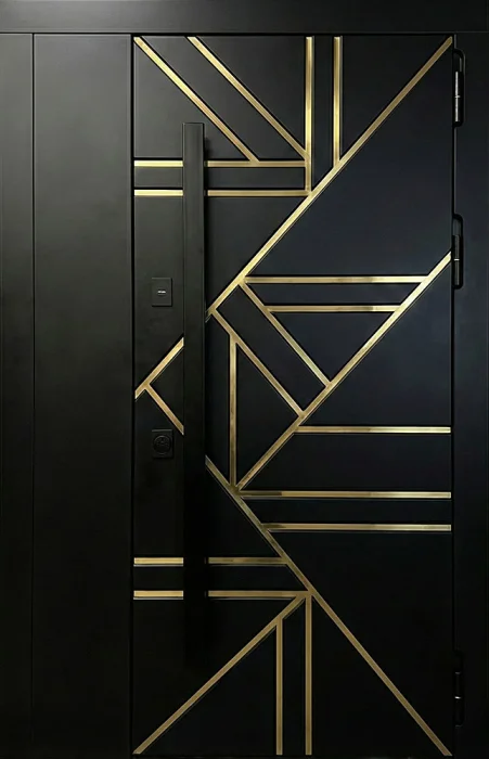 Металлическая дверь чёрная с латунными вставками арт-деко для квартиры №97
