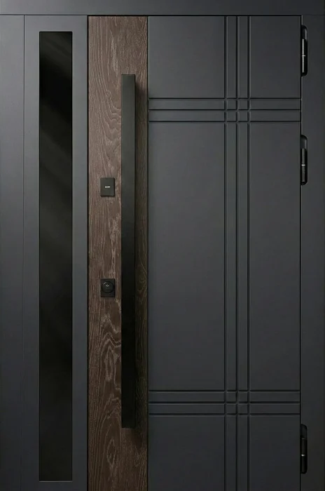 Железная дверь графит с узким остеклением и вставкой под орех №98