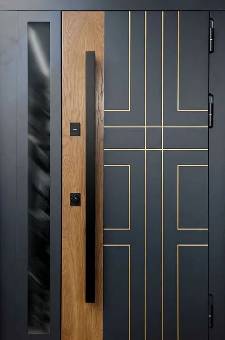 Металлическая дверь графит с золотой геометрией и боковой вставкой стекла №65