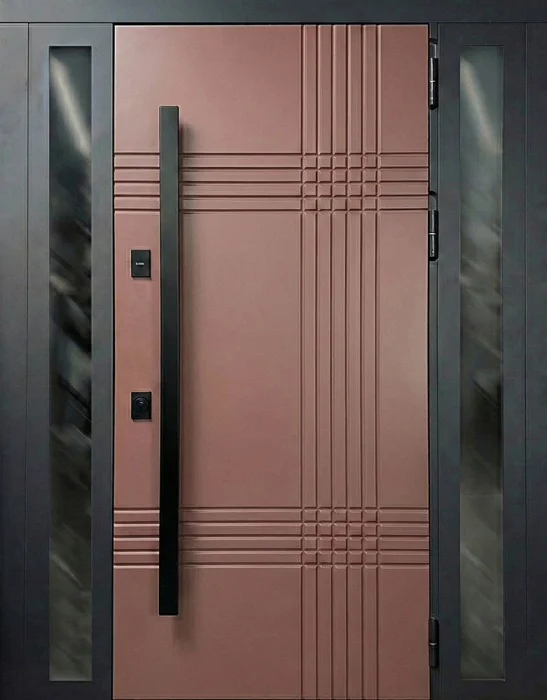 Стальная дверь терракотовая с геометрической фрезеровкой и боковым остеклением №50