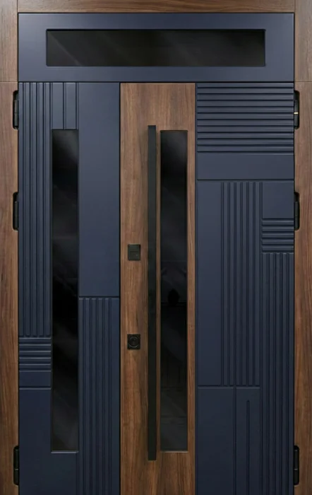 Металлическая входная дверь тёмно-синяя под дуб с остеклением №124