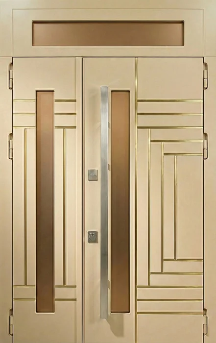 Входная двустворчатая дверь кремовая с золотыми вставками и стеклом №129