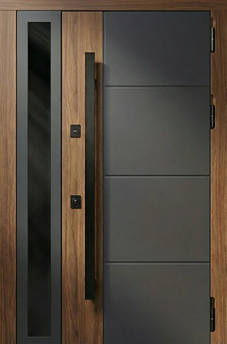Металлическая дверь графит с деревом и стеклянной вставкой для загородного дома №102