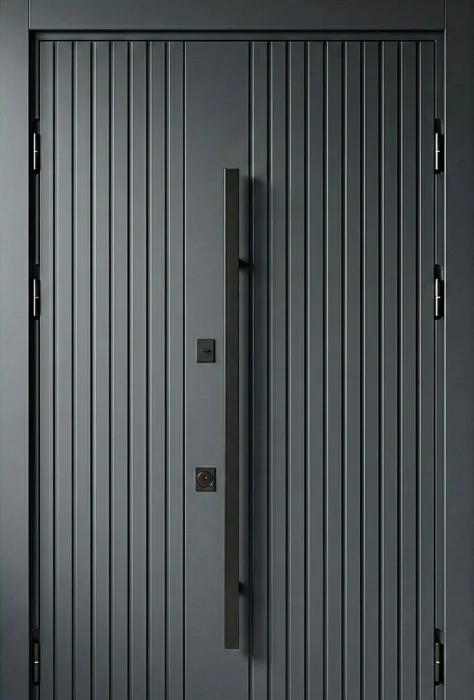 Железная дверь графит с вертикальными рейками и ручкой для квартиры №108