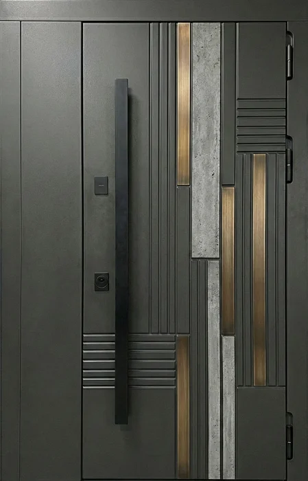 Металлическая дверь графит с бетонной вставкой и бронзой для квартиры №76