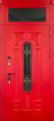 Красная дверь со вставкой сверху + ковка №59