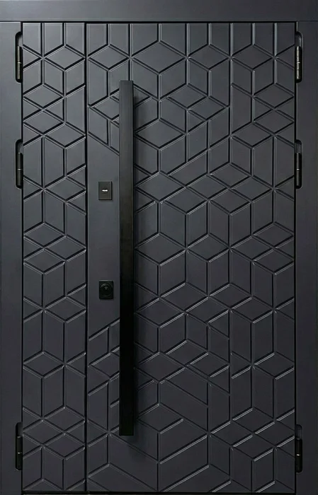 Входная двустворчатая дверь графит с 3D геометрией и рейлингом №89