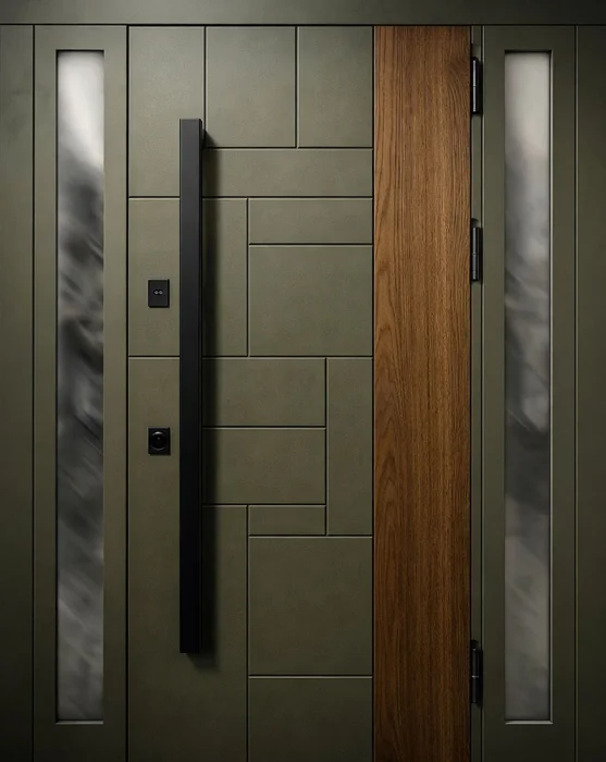 Стальная дверь хаки с деревянной вставкой и боковым остеклением №53