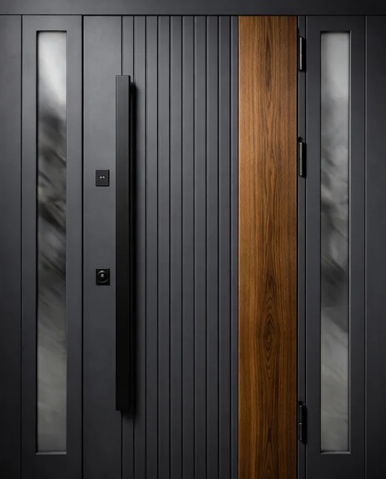 Железная дверь антрацит с рифлением, деревянной вставкой, для частного дома №58