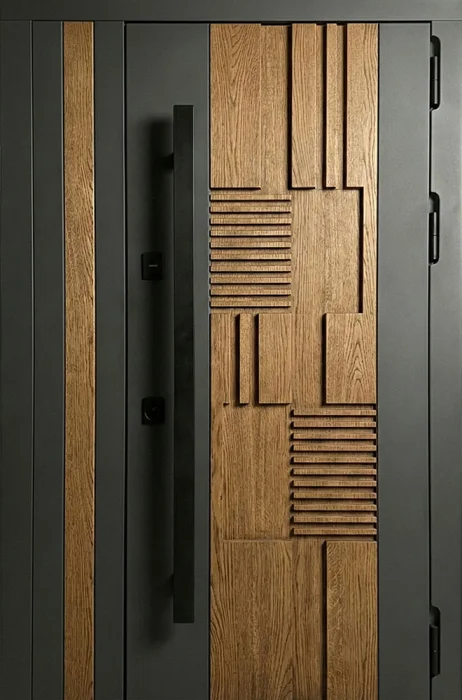 Стальная дверь графит с вставкой под дуб и 3D фрезеровкой №81