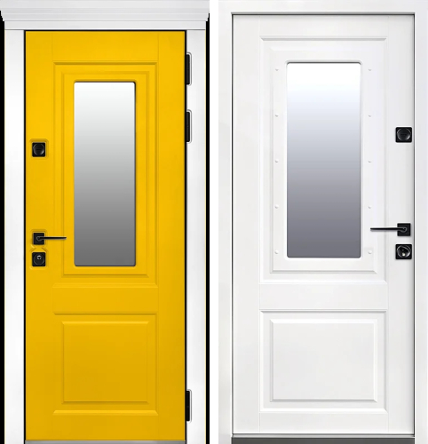 Жёлтая входная дверь с белыми наличниками №2 с замками CISA