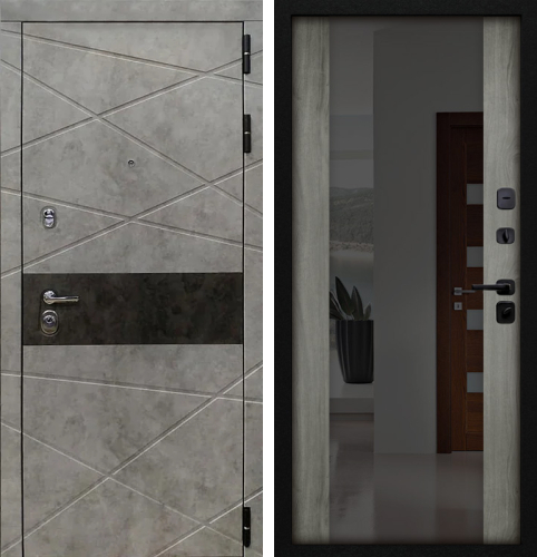 Дверь входная с зеркалом внутри светлый бетон №24