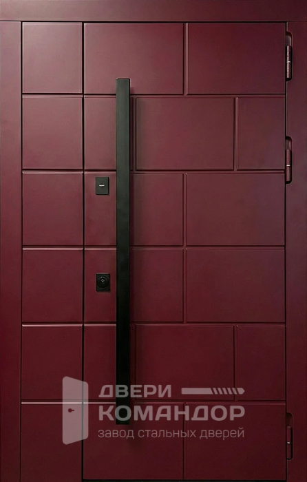 Металлическая дверь бордовая с прямоугольной фрезеровкой и длинной ручкой №91